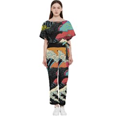 Retro Wave Kaiju Godzilla Japanese Pop Art Style Batwing Lightweight Chiffon Jumpsuit by Modalart