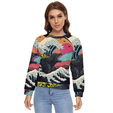 Retro Wave Kaiju Godzilla Japanese Pop Art Style Women s Long Sleeve Raglan T-shirt by Modalart