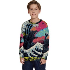 Retro Wave Kaiju Godzilla Japanese Pop Art Style Kids  Crewneck Sweatshirt by Modalart