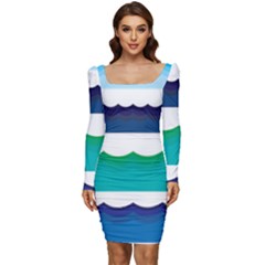 Water Border Water Waves Ocean Sea Women Long Sleeve Ruched Stretch Jersey Dress by Amaryn4rt