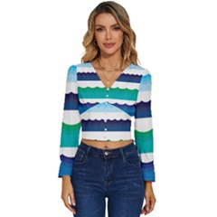 Water Border Water Waves Ocean Sea Long Sleeve V-neck Top by Amaryn4rt