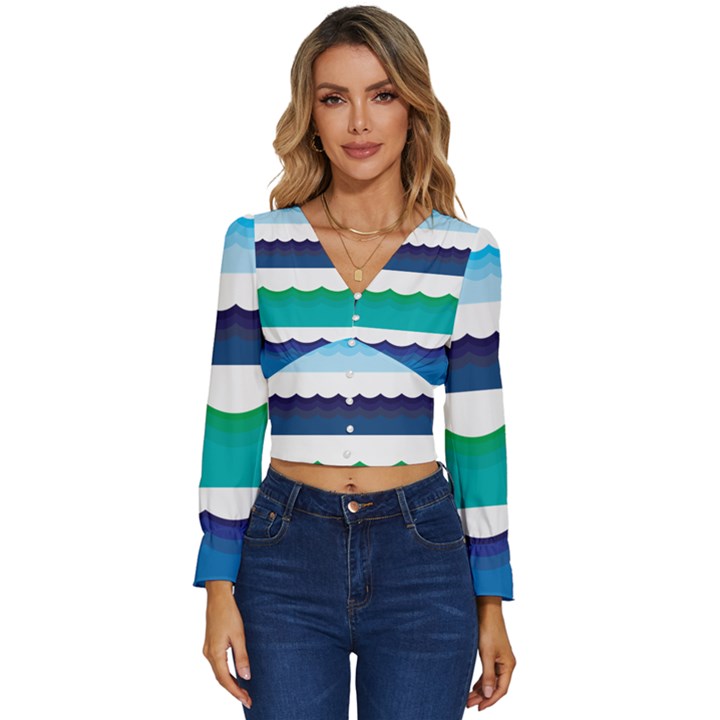 Water Border Water Waves Ocean Sea Long Sleeve V-Neck Top