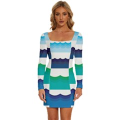 Water Border Water Waves Ocean Sea Long Sleeve Square Neck Bodycon Velvet Dress by Amaryn4rt