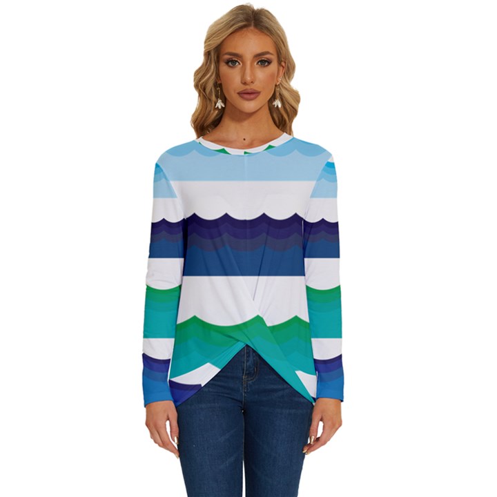 Water Border Water Waves Ocean Sea Long Sleeve Crew Neck Pullover Top