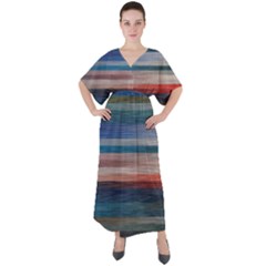 Background Horizontal Lines V-neck Boho Style Maxi Dress by Amaryn4rt