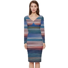 Background Horizontal Lines Long Sleeve V-neck Bodycon Dress  by Amaryn4rt