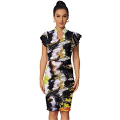 Canvas Acrylic Digital Design Art Vintage Frill Sleeve V-neck Bodycon Dress by Amaryn4rt