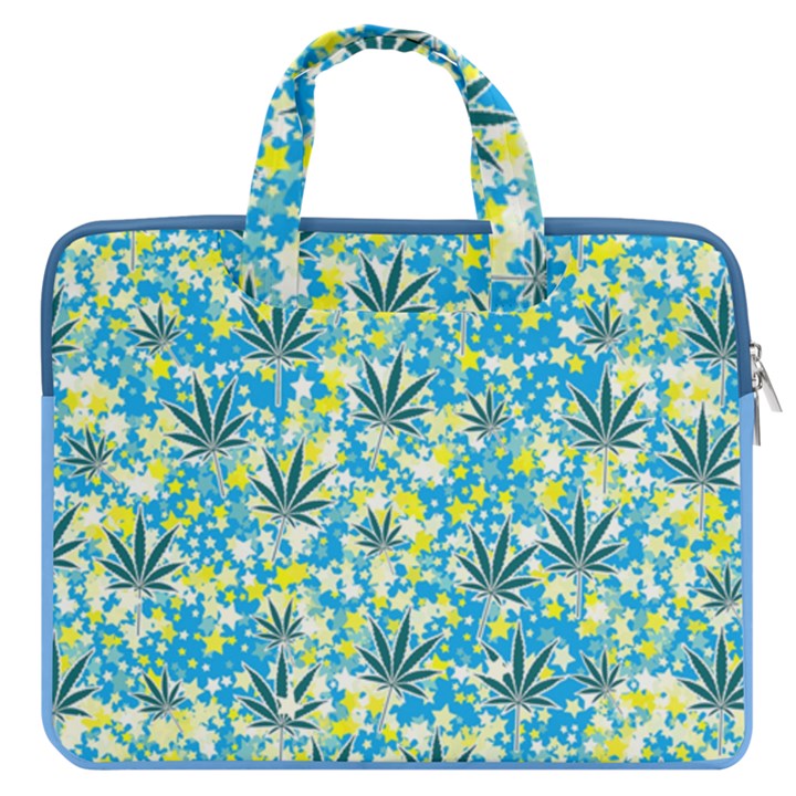 Yelow Stars Aqua Marijuana Leaves 13  Double Pocket Laptop Bag