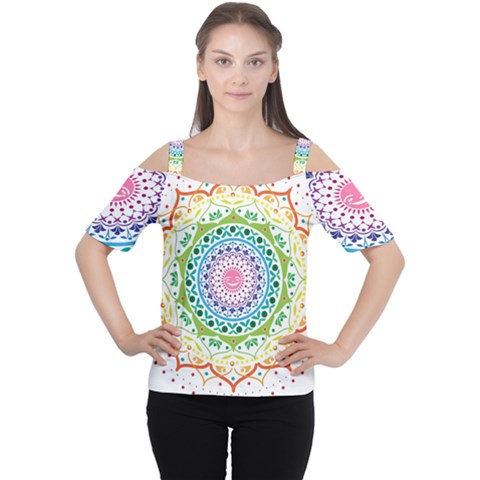 Mandala Pattern Rainbow Pride Cutout Shoulder T-shirt by Ravend