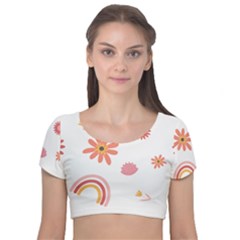 Seamless Pattern Flowers Rainbow Velvet Short Sleeve Crop Top  by Ravend