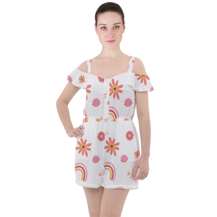 Seamless Pattern Flowers Rainbow Ruffle Cut Out Chiffon Playsuit