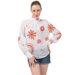 Seamless Pattern Flowers Rainbow High Neck Long Sleeve Chiffon Top by Ravend