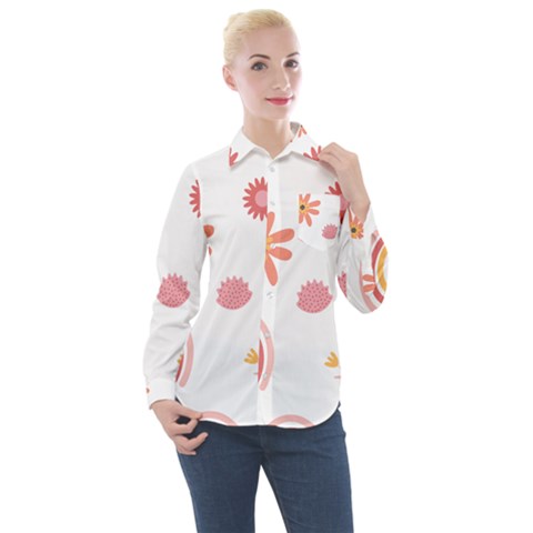 Seamless Pattern Flowers Rainbow Women s Long Sleeve Pocket Shirt by Ravend