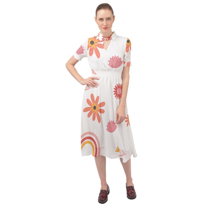 Seamless Pattern Flowers Rainbow Keyhole Neckline Chiffon Dress