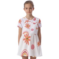 Seamless Pattern Flowers Rainbow Kids  Short Sleeve Pinafore Style Dress by Ravend