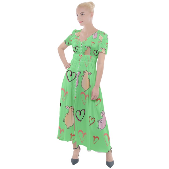 Pig Heart Digital Button Up Short Sleeve Maxi Dress