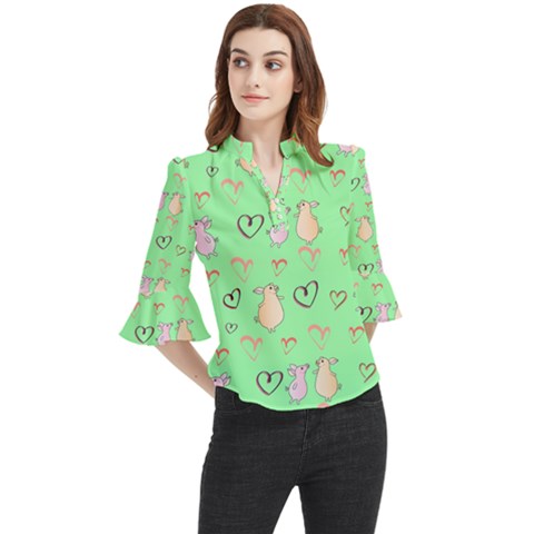 Pig Heart Digital Loose Horn Sleeve Chiffon Blouse by Ravend