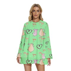 Pig Heart Digital Round Neck Long Sleeve Bohemian Style Chiffon Mini Dress