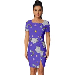 Cat Texture Pattern Seamless Rainbow Fitted Knot Split End Bodycon Dress by Ravend