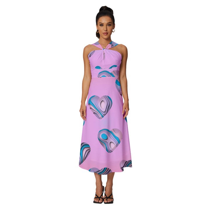 Hearts Pattern Love Background Sleeveless Cross Front Cocktail Midi Chiffon Dress