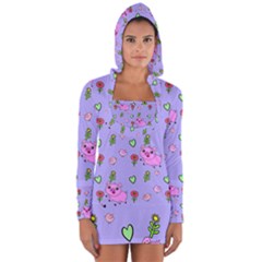 Flower Pink Pig Piggy Seamless Long Sleeve Hooded T-shirt by Ravend