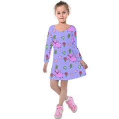 Flower Pink Pig Piggy Seamless Kids  Long Sleeve Velvet Dress by Ravend