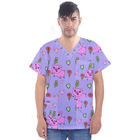 Flower Pink Pig Piggy Seamless Men s V-neck Scrub Top by Ravend