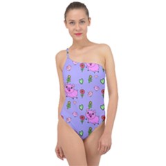 Flower Pink Pig Piggy Seamless Classic One Shoulder Swimsuit by Ravend