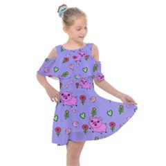 Flower Pink Pig Piggy Seamless Kids  Shoulder Cutout Chiffon Dress by Ravend