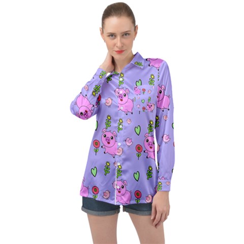 Flower Pink Pig Piggy Seamless Long Sleeve Satin Shirt by Ravend