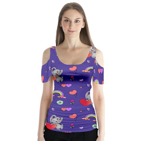 Rabbit Hearts Texture Seamless Pattern Butterfly Sleeve Cutout T-shirt  by Ravend