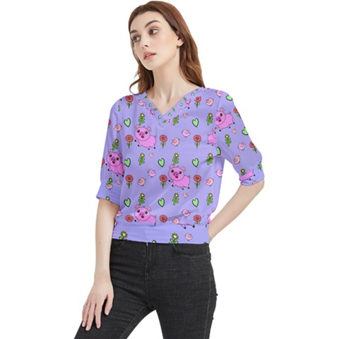 Flower Pink Pig Piggy Seamless Quarter Sleeve Blouse by Ravend