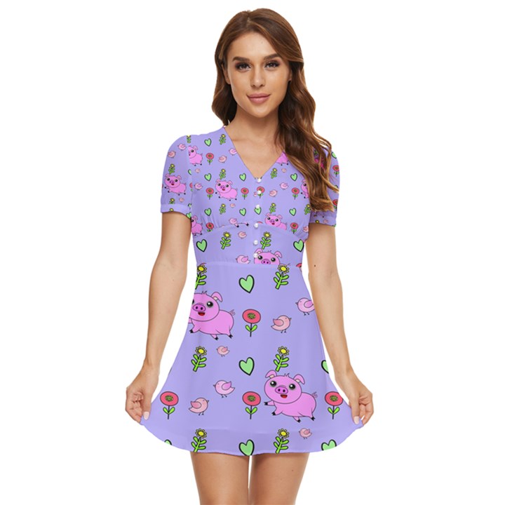 Flower Pink Pig Piggy Seamless V-Neck High Waist Chiffon Mini Dress