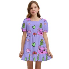 Flower Pink Pig Piggy Seamless Kids  Short Sleeve Dolly Dress by Ravend