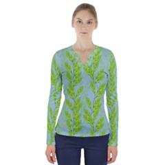 Background Leaves Branch Seamless V-neck Long Sleeve Top by Ravend