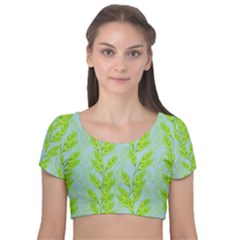 Background Leaves Branch Seamless Velvet Short Sleeve Crop Top  by Ravend