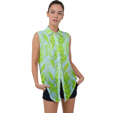 Background Leaves Branch Seamless Sleeveless Chiffon Button Shirt by Ravend