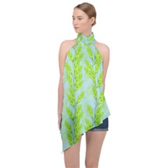 Background Leaves Branch Seamless Halter Asymmetric Satin Top by Ravend