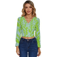 Background Leaves Branch Seamless Long Sleeve V-neck Top by Ravend