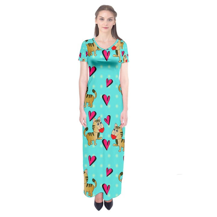 Cat Love Pattern Short Sleeve Maxi Dress