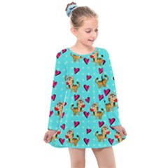 Cat Love Pattern Kids  Long Sleeve Dress by Ravend