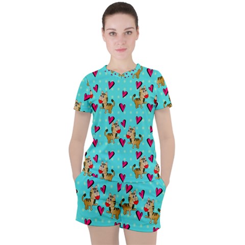 Cat Love Pattern Women s T-shirt And Shorts Set by Ravend