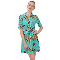 Cat Love Pattern Belted Shirt Dress by Ravend