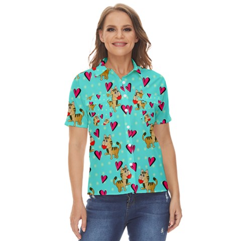 Cat Love Pattern Women s Short Sleeve Double Pocket Shirt by Ravend