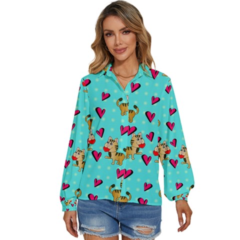 Cat Love Pattern Women s Long Sleeve Button Up Shirt by Ravend