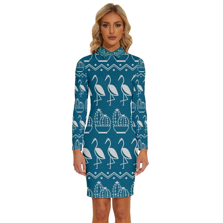 Pattern Background Art Wallpaper Long Sleeve Shirt Collar Bodycon Dress