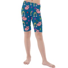 Flowers Pink Pig Piggy Seamless Kids  Mid Length Swim Shorts by Ravend