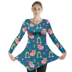 Flowers Pink Pig Piggy Seamless Long Sleeve Tunic  by Ravend