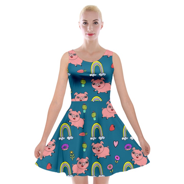 Flowers Pink Pig Piggy Seamless Velvet Skater Dress