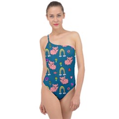 Flowers Pink Pig Piggy Seamless Classic One Shoulder Swimsuit by Ravend